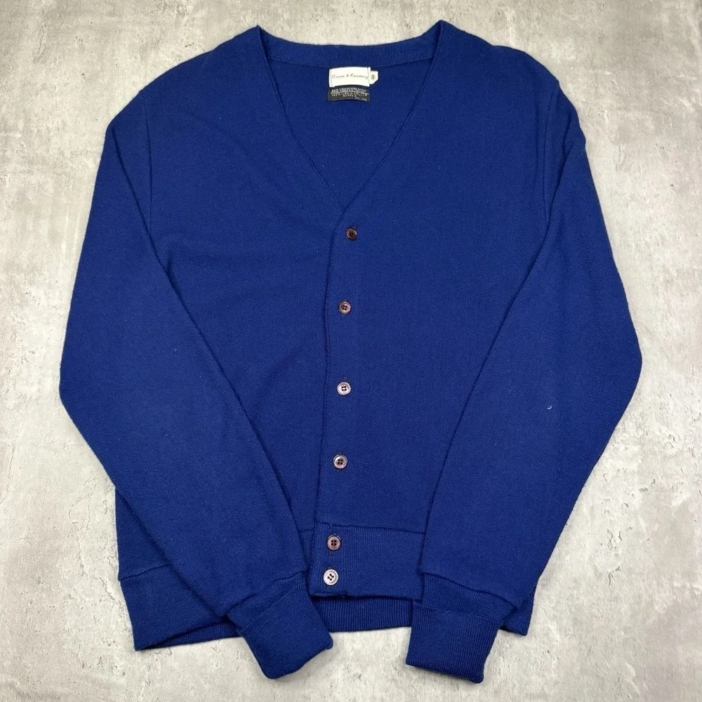 Vintage 70s/80s Men's Town And Country Acrylic Cardigan Blue Knit Medium USA